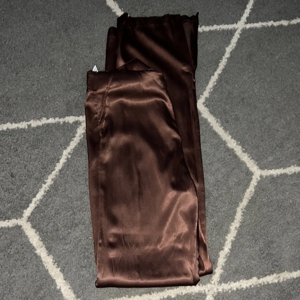 Zara Full Length Chocolate Brown High Waisted Satin Effect Pants Sz Medium NEW - Picture 2 of 7